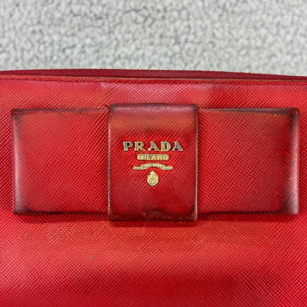 Prada Wallet Saffiano Bow Zip Around Womens OS Red Luxury Designer Leather READ - Picture 11 of 15